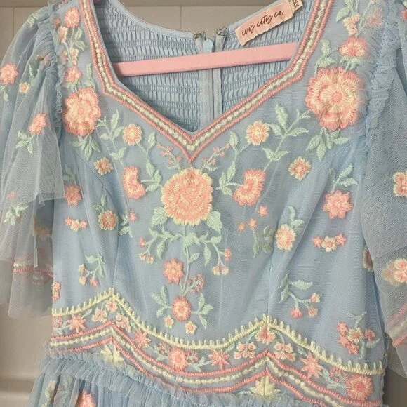 Ivy City Co Blue Embroidered Chantilly Dress - Picture 6 of 9